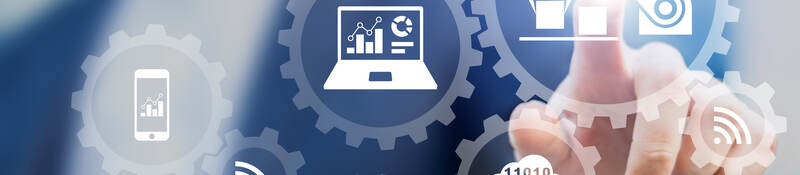 Businessman touching interface with icons in gears