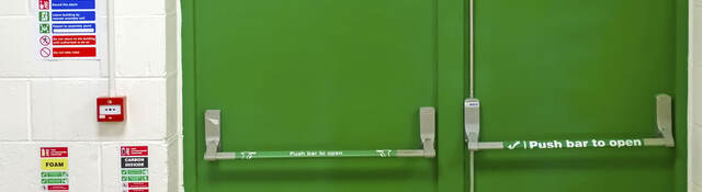 Green emergency fire doors